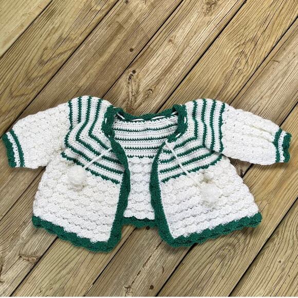 Girls White And Green Handmade Cardigan Sweater Size L - Picture 1 of 6